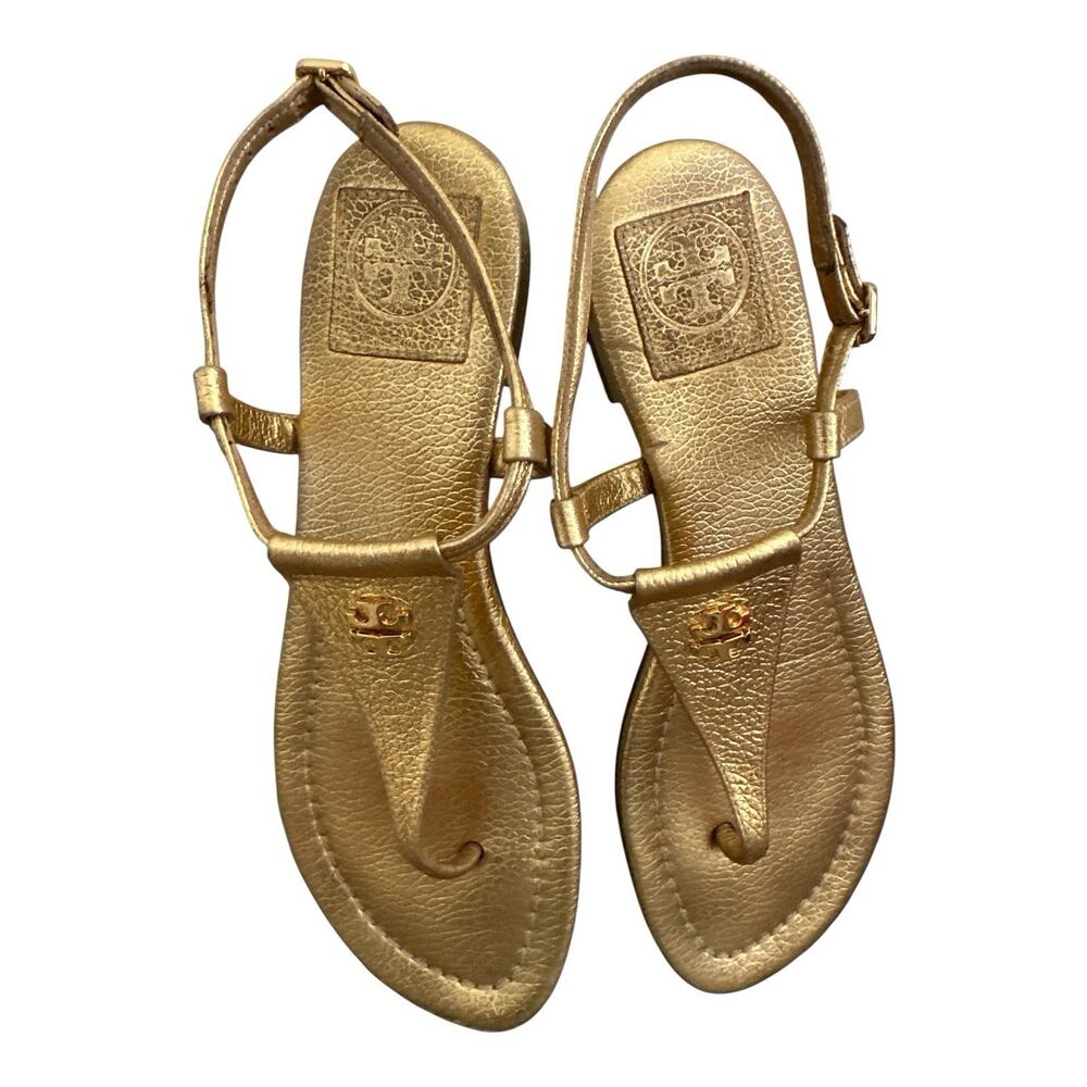Tory Burch Emmy Metallic Gold Leather Flat Thong Sandals Size 6.5M